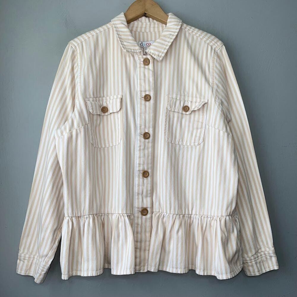 D&Co Peplum Jacket Sz Large Tan YD Stripe Boho Chic Minimalist Romantic Shacket